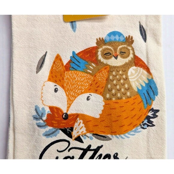 Gather Together Kitchen Towels Owl Fox Fall Holiday Blue White Plaid 2pc Gift - Picture 3 of 5